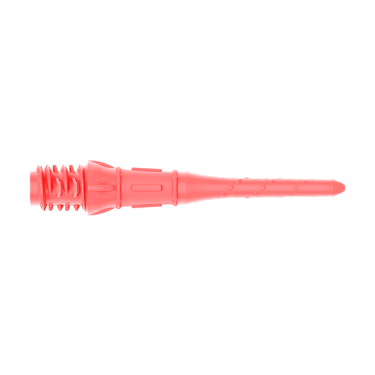 Das Bild zeigt eine pinke Dartspitze aus Kunststoff. Sie ist lang, schmal und hat an einem Ende Gewinde für die Befestigung.