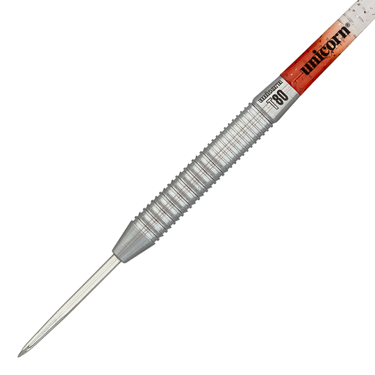 Das Bild zeigt einen silberfarbenen Steeldart mit gerilltem Griff. Auf dem Schaft steht "Unicorn" und das Modell ist "Core XL Striker Style 1" mit 22g Gewicht.