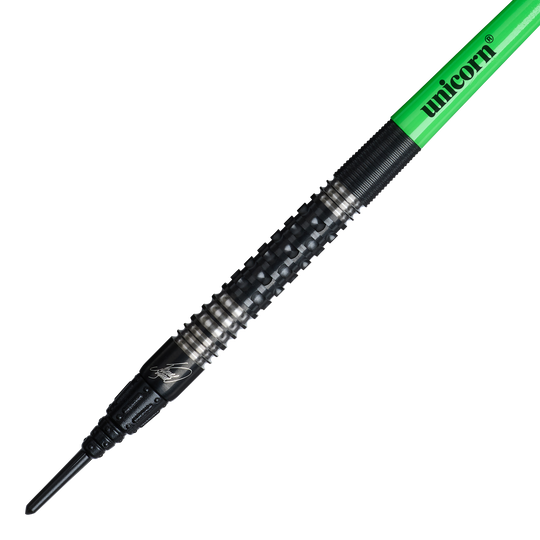 Zu sehen sind die Unicorn Wraith James Wade Softdarts - 19g. Die Darts sind für elektronische Dartscheiben geeignet.
