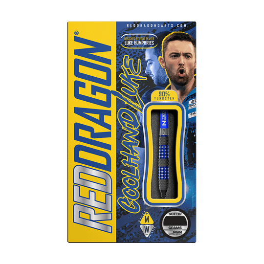 RD2563_Red_Dragon_Luke_Humphries_TX2_Atomised_Softdarts_3 Die Abbildung zeigt die Verpackung der "Red Dragon Luke Humphries TX2 Atomised Softdarts - 18g". Auf der Verpackung sind ein Bild von Luke Humphries und ein Sichtfenster mit einem Softdart zu sehen.