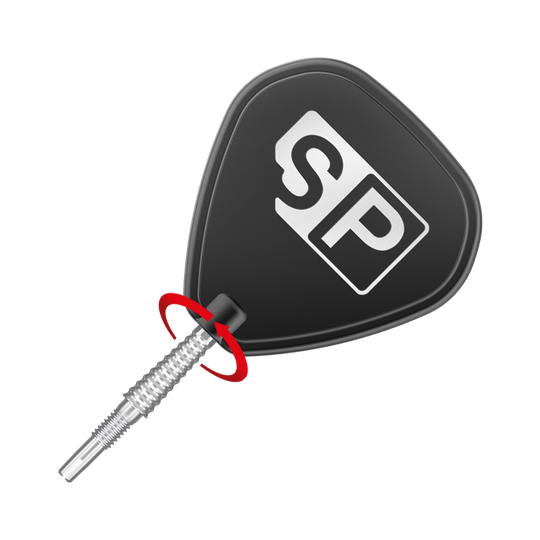 Target Swiss Storm LNC dart tips - silver Das Bild zeigt eine silberne Dartspitze mit einem schwarzen Flight, auf dem die Buchstaben "SP" stehen. Ein roter Pfeil deutet auf eine drehende Bewegung hin.