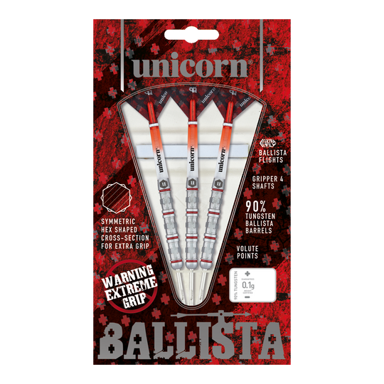 Unicorn Ballista Style 4 steel darts Auf dem Bild ist das Produkt "Unicorn Ballista Style 4 Steeldarts" zu sehen. Die Verpackung zeigt drei Steeldarts mit auffälligem Design und betont ihre hohe Griffigkeit und den 90%igen Wolframanteil.