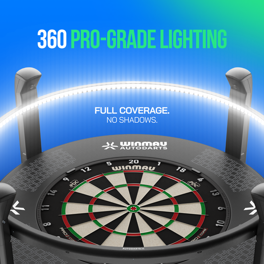 Winmau Autodarts X autoscoring system Zu sehen ist das Winmau Autodarts X Autoscoring-System. Es dient der automatischen Auswertung beim Darts-Spiel.