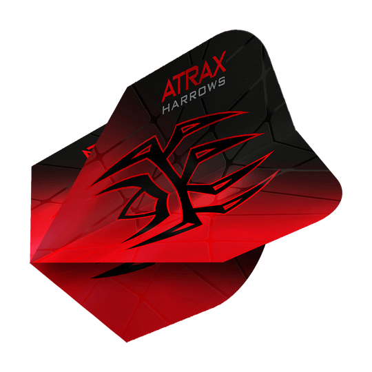 Harrow's Atrax Prime No6 Flights Das Bild zeigt das Produkt "Harrows Atrax Prime No6 Flights". Die Dartflight ist rot und schwarz mit einem markanten, grafischen Muster und dem Schriftzug "ATRAX HARROWS".
