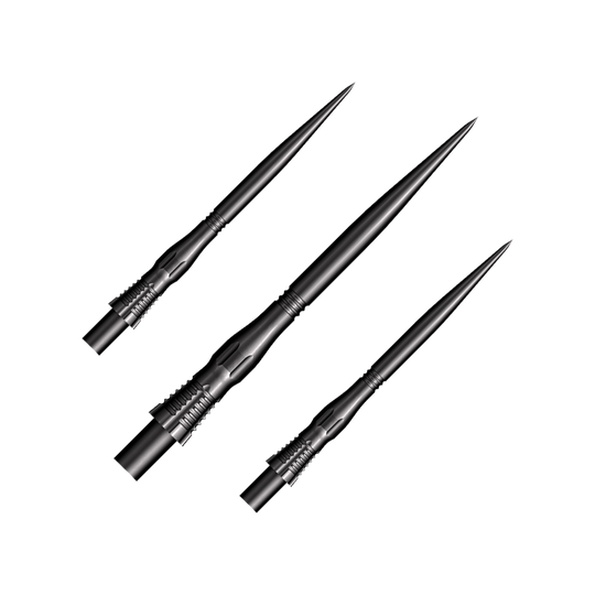Shot Cone Scallop Steel Dart Tips - Black - 35mm Das Bild zeigt drei schwarze Steeldart-Spitzen des Modells "Shot Cone Scallop" mit einer Länge von 35 mm. Sie sind lang, schmal und haben ein markantes, geriffeltes Design am Schaft.