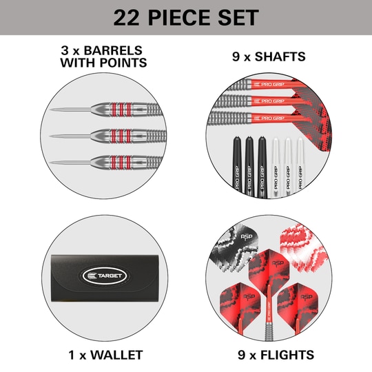 Target Nathan Aspinall Brass Steel Darts - 22g Gezeigt werden die Target Nathan Aspinall Brass Steeldarts mit einem Gewicht von 22g. Sie sind für Steeldart-Wettbewerbe gedacht.