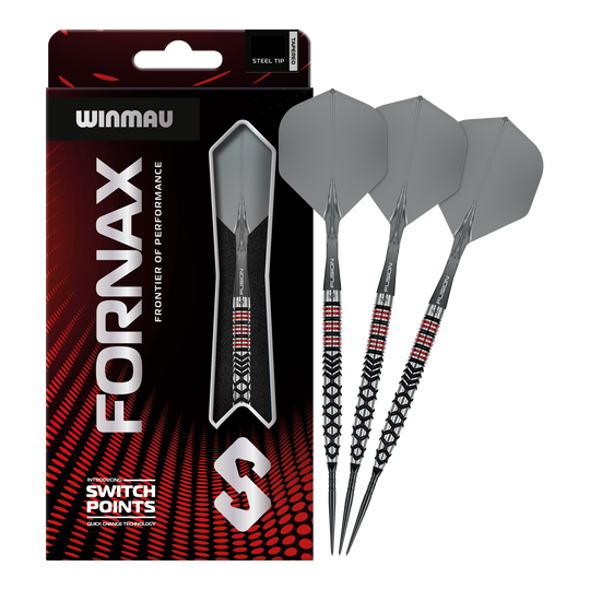 Das Bild stellt die Winmau Fornax Tapered Switch Point Steeldarts dar. Sie sind hochwertige Steeldarts für ambitionierte Spieler.