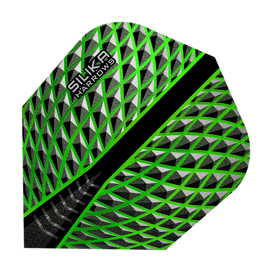 HR57_Harrows_Silika_Green_No6_Flights_1QhWCLSDj2sf9o Das Bild zeigt das Produkt "Harrows Silika Green No6 Flights". Die Dart-Flights haben ein auffälliges, geometrisches Muster in Grün, Schwarz und Silber.