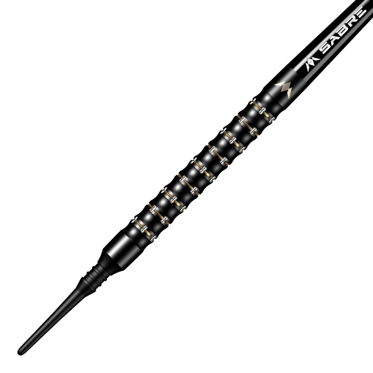 Mission Mike De Decker MDD Black Gold Soft Darts - 20g Das Bild zeigt einen Mission Mike De Decker MDD Black Gold Softdart mit einem Gewicht von 20g. Der Dart ist schwarz-gold und hat eine strukturierte Griffzone für besseren Halt.