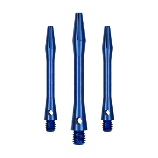 Aluminum Shafts - Blue Mehrere blaue Aluminiumschäfte für Dartpfeile sind abgebildet. Diese Schäfte sind stabil und funktional.