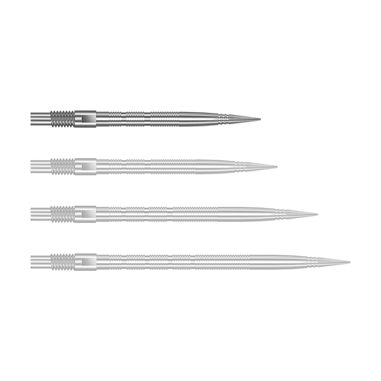 Harrows Quick Point Micro Ridge Dart Tips - Silver Silberne Harrows Quick Point MicroRidge Dartspitzen mit 26 mm Länge werden dargestellt. Die Spitzen liegen einzeln auf einer hellen Oberfläche.