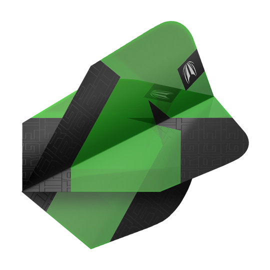 Target Pro Ultra TAG Green Ten-X Standard Flights - 3 Sets Das Bild zeigt einen grünen Dartflight mit schwarzen Akzenten aus der Serie "Target Pro Ultra TAG Grün Ten-X Standard Flights". Das moderne Design hebt sich durch klare Farben und Muster hervor.