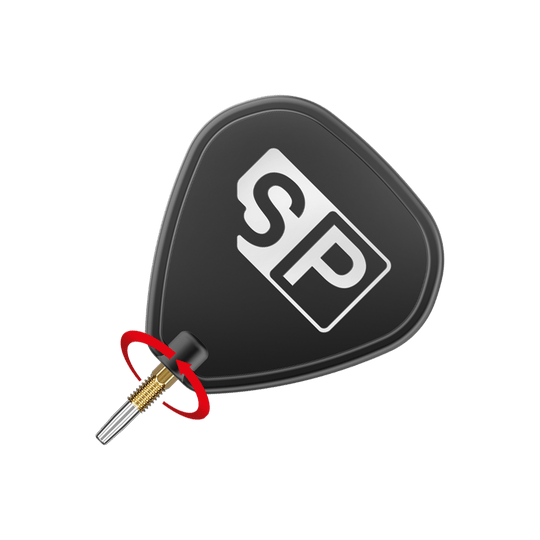 Target Swiss Point Chrono Dart Tips - Gold Das Bild zeigt eine schwarze Dartspitze mit den weißen Buchstaben "SP" darauf. Ein roter Pfeil deutet auf eine Drehbewegung an der goldenen Schraubverbindung hin.