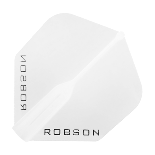 Robson Plus Flights - Standard Das Bild zeigt einen klaren, sechseckigen Dartflight mit dem Schriftzug "ROBSON" in schwarzer Farbe. Das Design ist schlicht und durchsichtig gehalten.