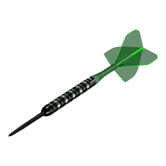 Mission Moldavite Steeldarts - 23g wird aus einer anderen Perspektive gezeigt. Die Darts zeichnen sich durch ein grünes Designelement aus.