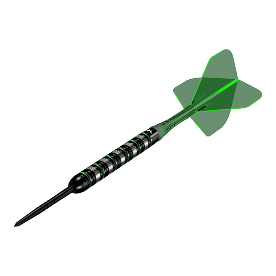 Mission Moldavite Steel Darts - 23g Mission Moldavite Steeldarts - 23g wird aus einer anderen Perspektive gezeigt. Die Darts zeichnen sich durch ein grünes Designelement aus.