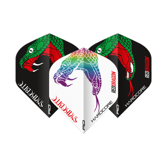 Das Bild zeigt drei Dart-Flights der Marke "Red Dragon Peter Wright Snakebite Black White Yin Yang Standard Flights". Die Flights sind in Schwarz und Weiß gestaltet und mit farbigen Schlangenmotiven verziert.