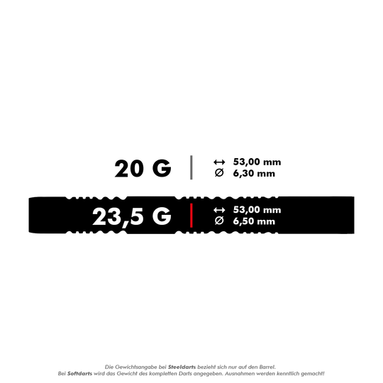 2448_Winmau_Michael_Van_Gerwen_Exact_Softdarts_5_235g Das Bild zeigt die technischen Daten der Winmau Michael Van Gerwen Exact Softdarts. Das Gewicht beträgt 23,5 Gramm, die Länge 53,00 mm und der Durchmesser 6,50 mm.