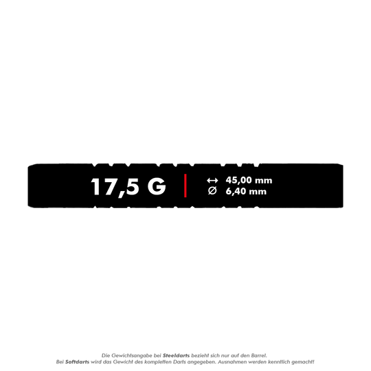 McDart 85 Tungsten V11 Soft Darts - 17.5g Das Bild zeigt die Produktangaben der McDart 85er Tungsten V11 Softdarts mit einem Gewicht von 17,5 g. Die Darts haben eine Länge von 45,00 mm und einen Durchmesser von 6,40 mm.