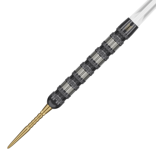 Target Rob Cross 95K Swiss Point Steel Darts Das Bild zeigt einen Target Rob Cross 95K Swiss Point Steeldart. Der Dart hat eine strukturierte, silber-schwarze Oberfläche und eine goldene Spitze.