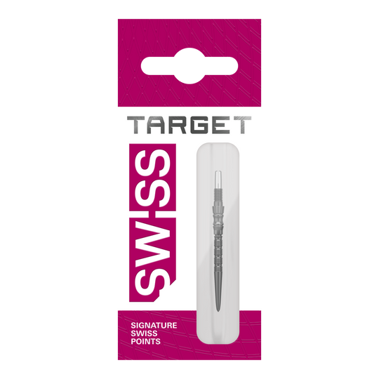 Target Signature Swiss Point TRB Steel Dart Tips - Black Abgebildet sind schwarze Dartspitzen mit einer Länge von 30mm. Das Foto zeigt vermutlich drei einzelne Spitzen als Dart Zubehör.