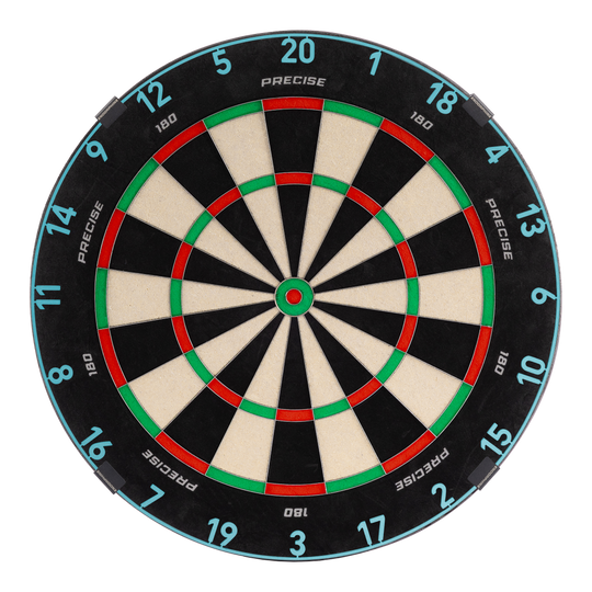 Das Precise 180 Endorphine Steeldartboard mit Nummernring in Infinity Blue ist abgebildet. Es bietet optimale Bedingungen für ein präzises Dartspiel.