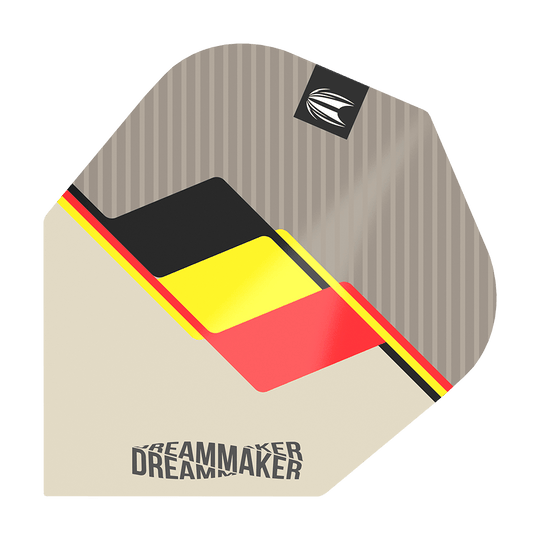 TG77_336500_Target_Pro_Ultra_Dimitri_Van_Den_Bergh_2022_No6_Flights_1WKTOPeCmhZUnF Das Bild zeigt ein Target Pro Ultra Dimitri Van Den Bergh No6 Dart-Flight. Das Design enthält die Farben Schwarz, Gelb und Rot mit dem Schriftzug "Dreammaker".