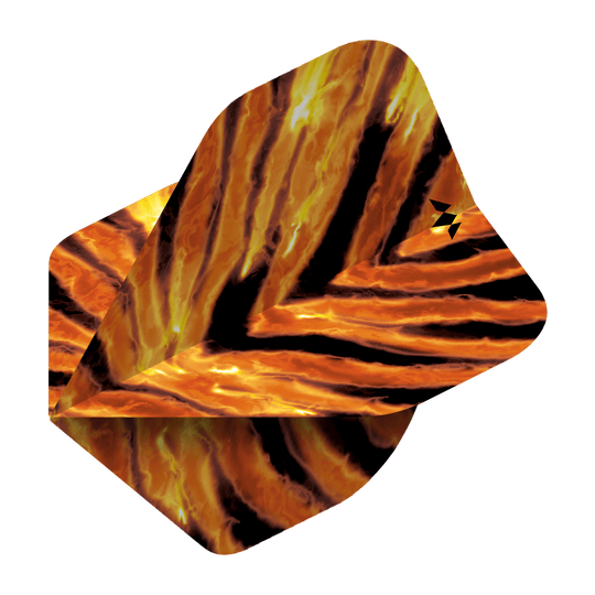 Das Bild zeigt die Mission Solo Javan No2 Standard Flights mit einem auffälligen orange-schwarzen Muster. Das Design erinnert an feurige Streifen und verleiht den Flights ein dynamisches Aussehen.