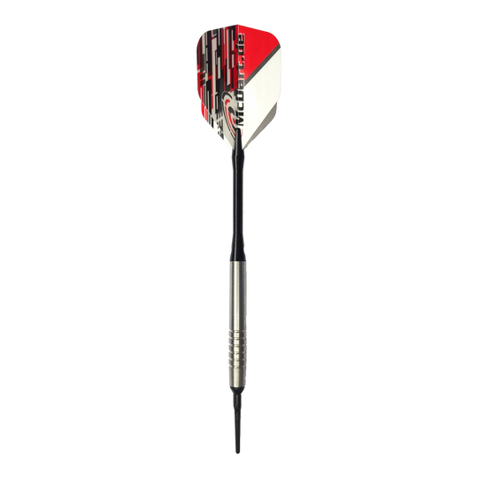 McDart 85 Tungsten V14 Soft Darts - 17g Das Bild zeigt einen McDart 85er Tungsten V14 Softdart mit einem Gewicht von 17 Gramm. Der Dart hat eine silberne Spitze, einen schwarzen Schaft und eine rot-weiße Flights.
