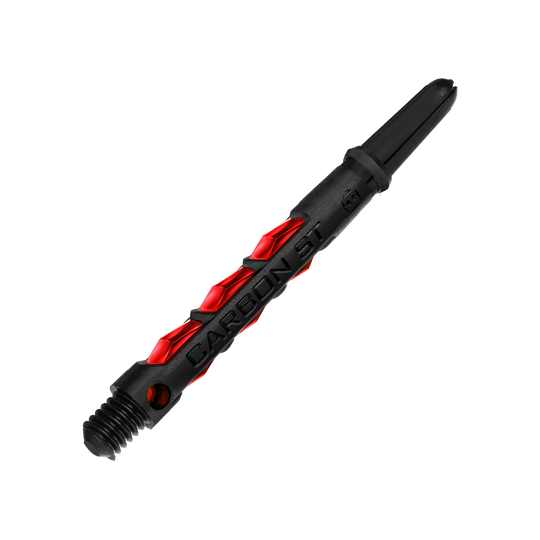 HR433_Harrows_Carbon_ST_Shafts_Rot_47mm_2 Das Bild zeigt einen Harrows Carbon ST Shafts in der Farbe Rot. Der Schaft besteht aus schwarzem Material mit auffälligen roten Akzenten.