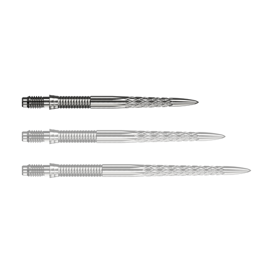 Mission R2.5 Rapid Point DSX Dart Tips - Silver Abgebildet ist eine einzelne Mission R25 Rapid Point DSX Dartspitze in Silber mit 30mm Länge. Sie wird häufig für Präzision und Haltbarkeit beim Dartspielen verwendet.
