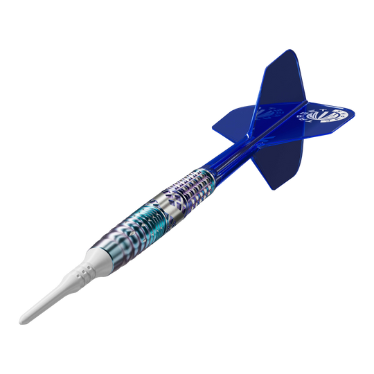 Target Japan Cathy Leung Charis GEN5 Soft Darts - 19g Das Bild zeigt einen Softdart mit einem silber-blauen, metallischen Schaft und einer weißen Spitze. Die Flights am Ende des Darts sind blau und tragen ein weißes Logo.