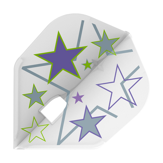 L-Style Ryan Murray V1 White L3PRO Flights Das Bild zeigt einen weißen Dartflug mit mehreren bunten Sternen in Lila, Grau und Grün als Design. Es handelt sich um das Produkt "L-Style Ryan Murray V1 White L3PRO Flights".