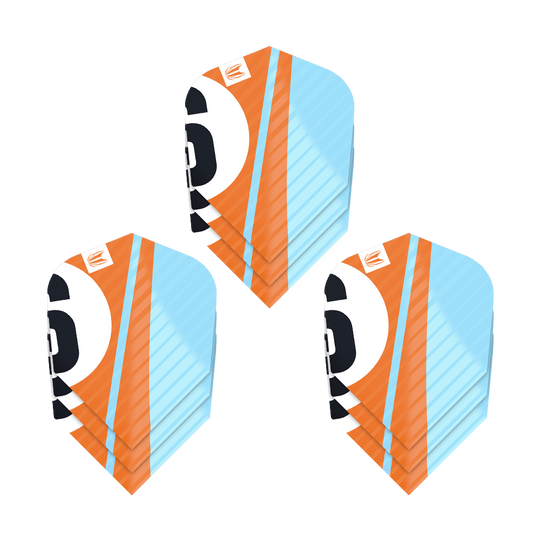 Das Bild zeigt drei Sets von Target Pro Ultra Chicane Orange Ten-X Flights. Die Flights sind farblich in Orange, Hellblau und Schwarz gestaltet.