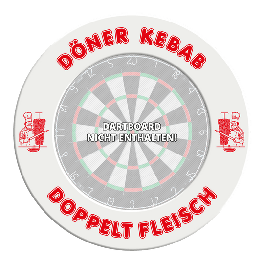 McDart Döner Kebab Dartboard Surround - With Custom Text Das Bild zeigt das McDart Dartboard Surround Döner mit personalisierbarem Text. Es handelt sich um einen Schutzring für Dartscheiben.