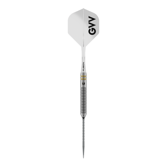 Winmau Gian Van Veen W-MAX Switch Point Steeldarts sind auf weißem Hintergrund abgebildet. Die Darts präsentieren sich im Profil.