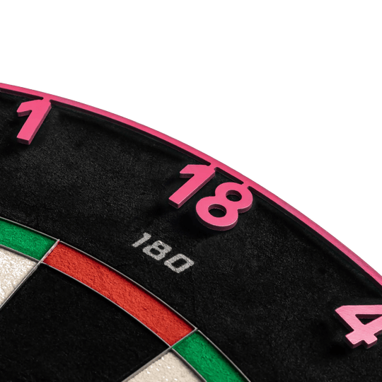 Gezeigt wird das Precise 180 Endorphine Steeldartboard mit Nummernring in Cyber Pink. Das Dartboard ist ideal für Turniere oder den Heimgebrauch.