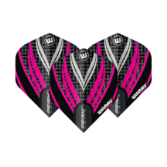 Winmau Prism Delta Black White Pink No. 2 Standard Flights Das Bild zeigt drei Dart-Flights des Modells "Winmau Prism Delta Schwarz Weiß Pink No2 Standard". Die Flights haben ein auffälliges Design in Schwarz, Pink und Weiß mit dem Winmau-Logo.