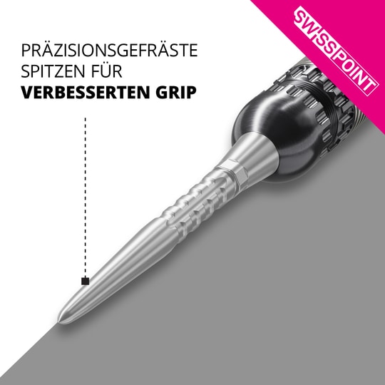 Target Swiss Point Storm Surge steel dart tips - silver Das Bild zeigt eine präzisionsgefräste Dartspitze in silberner Farbe. Oben steht der Text: "PRÄZISIONSGEFRÄSTE SPITZEN FÜR VERBESSERTEN GRIP".