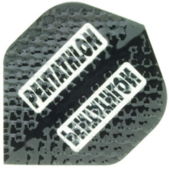 p1 Das Bild zeigt ein schwarzes Dart-Flight mit dem Aufdruck "PENTATHLON" in weißer Schrift. Das Produkt heißt "Pentathlon Flights P1".