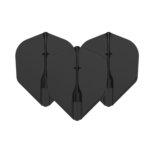 L-L-Style3EZ Flights Auf dem Bild sind drei schwarze Dartflights zu sehen. Sie sind in einer Reihe angeordnet und haben eine klassische Form.