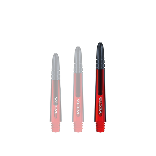 7025-203_Winmau_Vecta_Shafts_Rot_40mm_1 Das Bild zeigt drei rote Winmau Vecta Shafts für Dartpfeile. Sie haben schwarze Spitzen und das Wort "Vecta" ist auf jedem Schaft zu sehen.