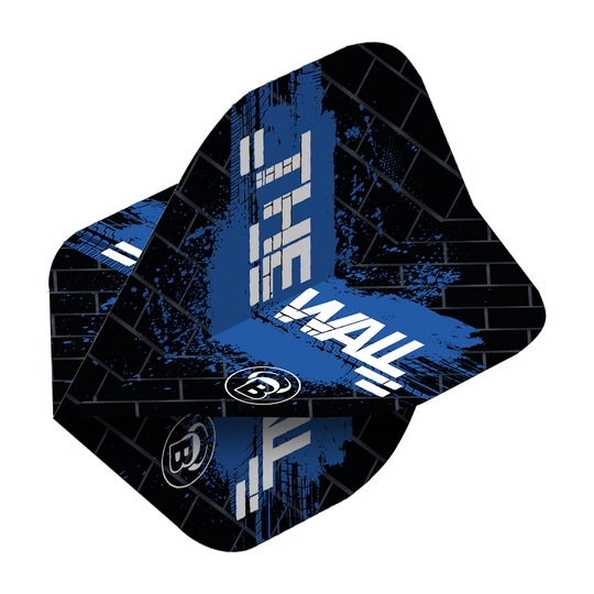 Das Bild zeigt die Bulls B-Star Martin Schindler Black Blue No2 Standard Flights. Die Flights sind schwarz mit blauen und weißen Akzenten und dem Schriftzug „THE WALL“.