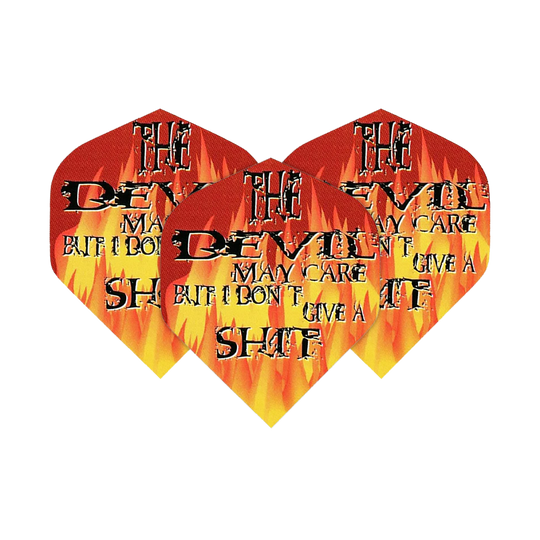 Das Bild zeigt drei Dartflights mit Flammenmuster und auffälligem Schriftzug. Auf den Flights steht: "The Devil may care but I don't give a shit."