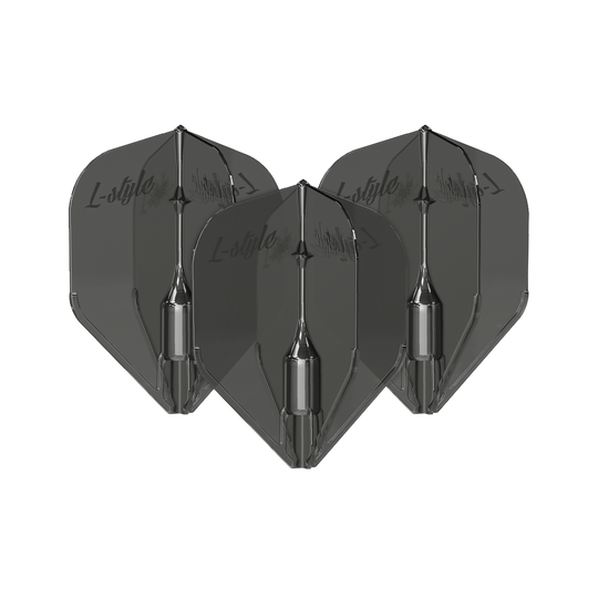 L-Style Fantom L3EZ Flights Clear Black Das Bild zeigt drei schwarze, transparente Dart-Flights des Modells "L-Style Fantom L3EZ". Auf den Flights ist der Schriftzug "L-style" zu sehen.