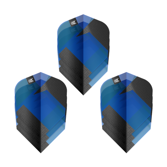 Das Bild zeigt drei blaue und schwarze Dart-Flights mit geometrischem Muster. Es handelt sich um das Produkt "Target Pro Ultra TAG Blau Ten-X Standard Flights - 3 Sets".