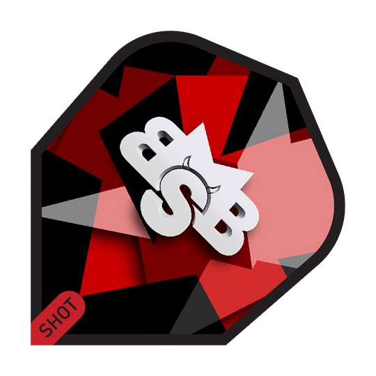 Das Bild zeigt das Produkt „Shot Michael Smith Defiant No6 Flights“. Das Design ist rot, schwarz und grau mit dem weißen Schriftzug „SB“ in der Mitte.