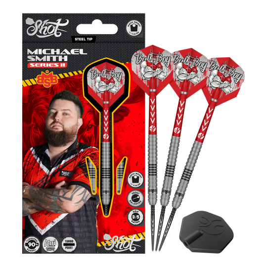 Shot Michael Smith Series 2 Turbo Point steel darts Das Bild zeigt die Shot Michael Smith Series 2 Turbo Point Steeldarts. Es sind hochwertige Steeldarts, die für den professionellen Gebrauch geeignet sind.