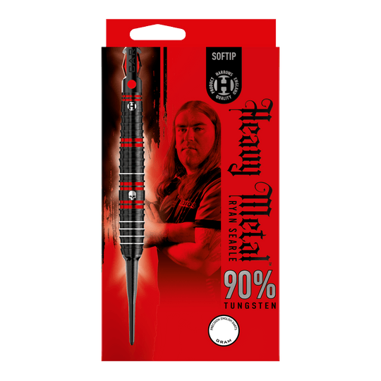 Die Verpackung zeigt die Harrows Ryan Searle Heavy Metal Softdarts mit einem Bild von Ryan Searle. Das Design hebt 90% Tungsten und ein auffälliges rot-schwarzes Farbschema hervor.