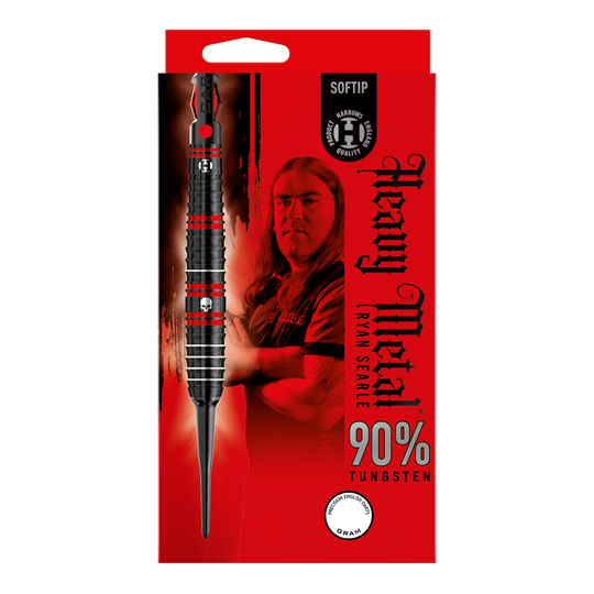 Harrow's Ryan Searle Heavy Metal Soft Darts Die Verpackung zeigt die Harrows Ryan Searle Heavy Metal Softdarts mit einem Bild von Ryan Searle. Das Design hebt 90% Tungsten und ein auffälliges rot-schwarzes Farbschema hervor.